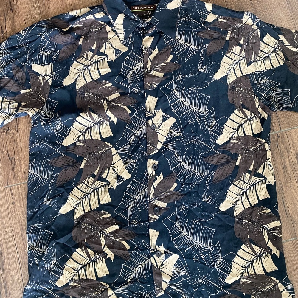 Cubavera Blue and Brown Casual Button Down Shirt Tropical Print